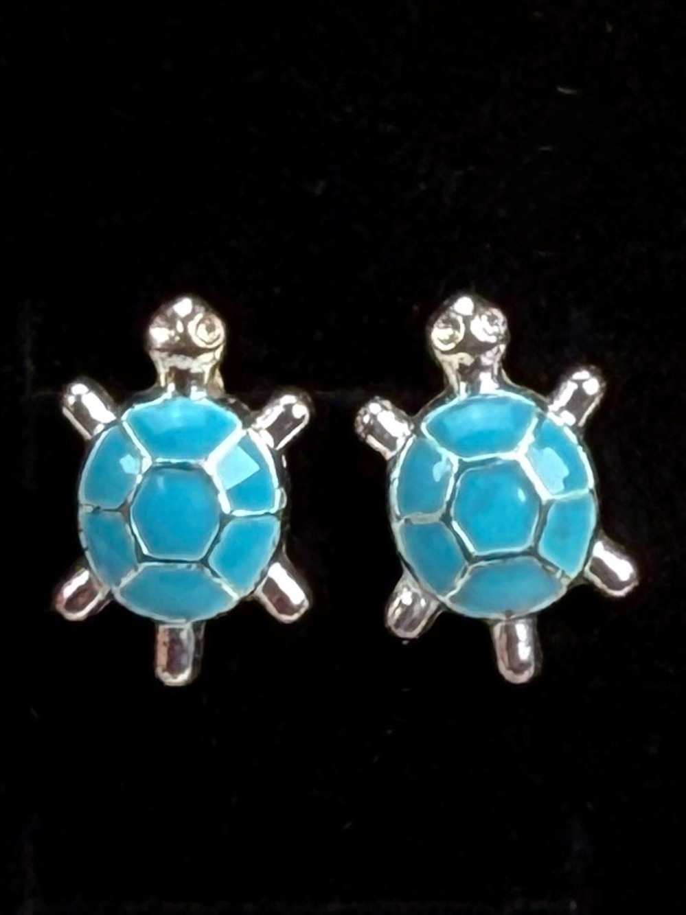 Vintage Silvertone, blue Turtle Stud pierced Earrings